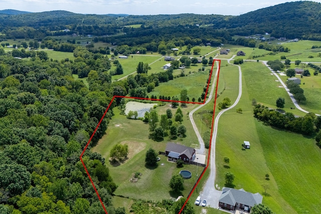 drone / aerial view with a mountain view and a rural view