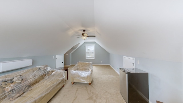 bonus room featuring lofted ceiling, light carpet, and ceiling fan