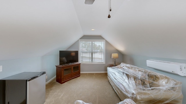 bedroom with light carpet, lofted ceiling, and ceiling fan