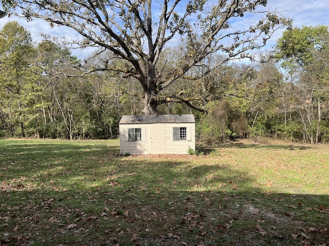 view of yard featuring a storage shed