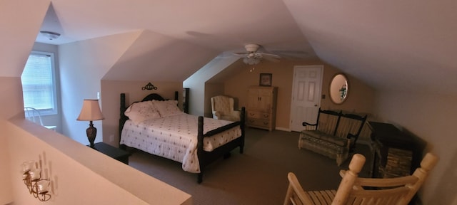 carpeted bedroom featuring ceiling fan and lofted ceiling