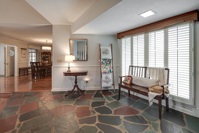 sitting room featuring a textured ceiling, a wealth of natural light, and a notable chandelier