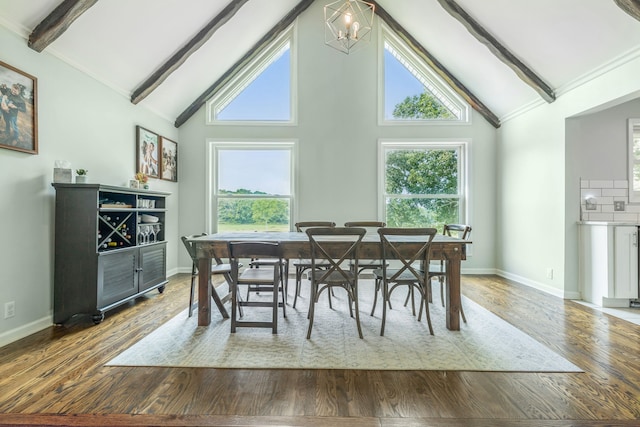 dining room with hardwood / wood-style floors, beam ceiling, and high vaulted ceiling