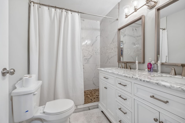 bathroom with vanity, toilet, and a shower with curtain