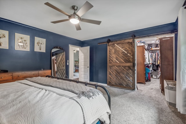 bedroom featuring carpet flooring, a barn door, ceiling fan, a closet, and a spacious closet