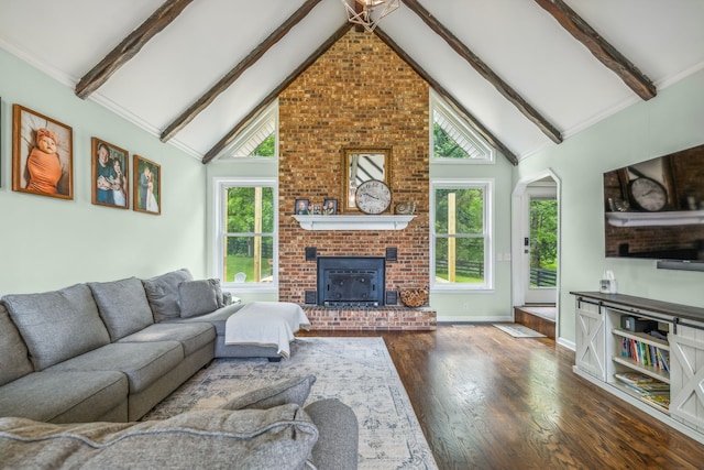 living room with a brick fireplace, high vaulted ceiling, dark hardwood / wood-style flooring, and beam ceiling