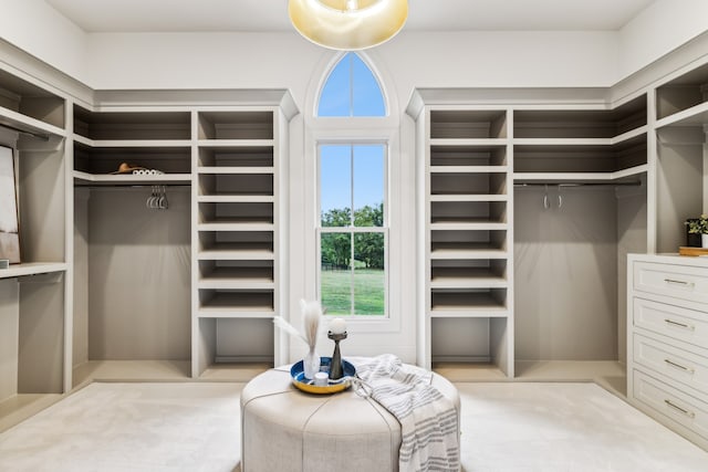 walk in closet featuring light colored carpet