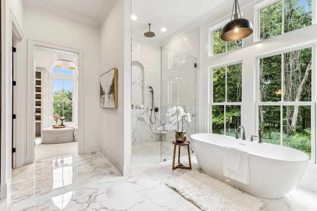 bathroom featuring ornamental molding, a high ceiling, and shower with separate bathtub