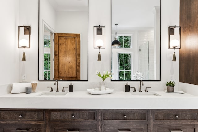 bathroom featuring vanity and a shower with door