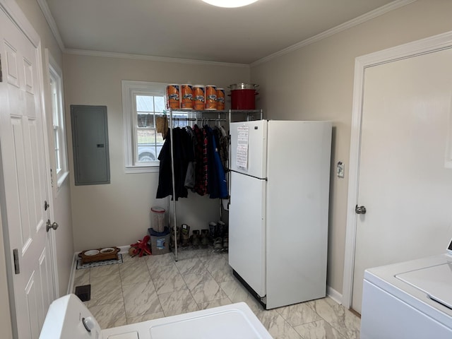 laundry room with washer / clothes dryer, ornamental molding, and electric panel