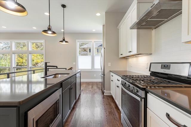 kitchen with wall chimney exhaust hood, sink, stainless steel appliances, and a healthy amount of sunlight