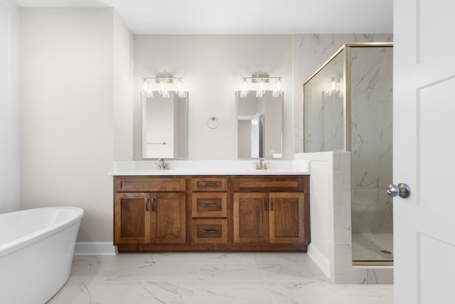 bathroom featuring vanity and independent shower and bath