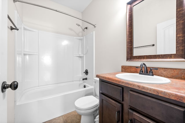 full bathroom with shower / bathing tub combination, tile patterned flooring, vanity, and toilet