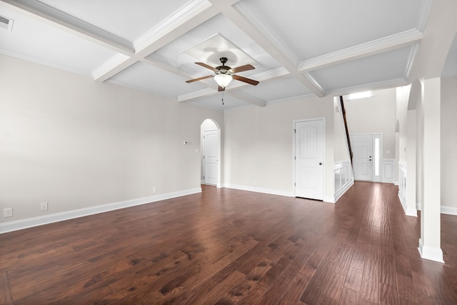 unfurnished living room featuring dark wood-type flooring, ceiling fan, beam ceiling, and coffered ceiling