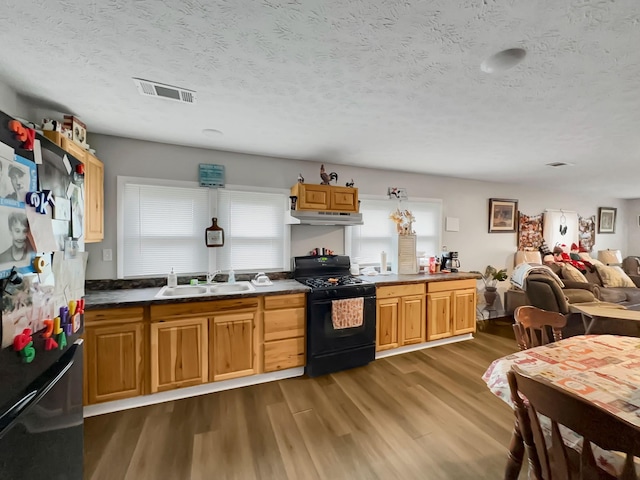 kitchen with dark hardwood / wood-style flooring, sink, a textured ceiling, and black appliances