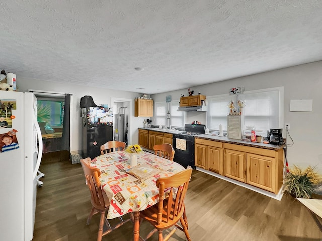 dining room with a textured ceiling and dark wood-type flooring