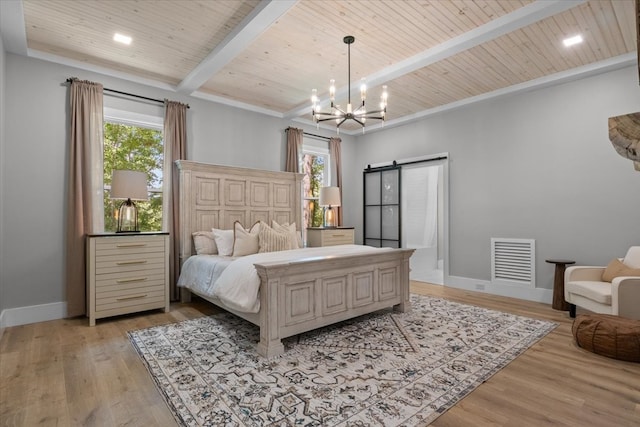 bedroom with wood ceiling, beam ceiling, light hardwood / wood-style flooring, a barn door, and a chandelier