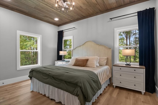 bedroom featuring a chandelier, wood ceiling, and light wood-type flooring