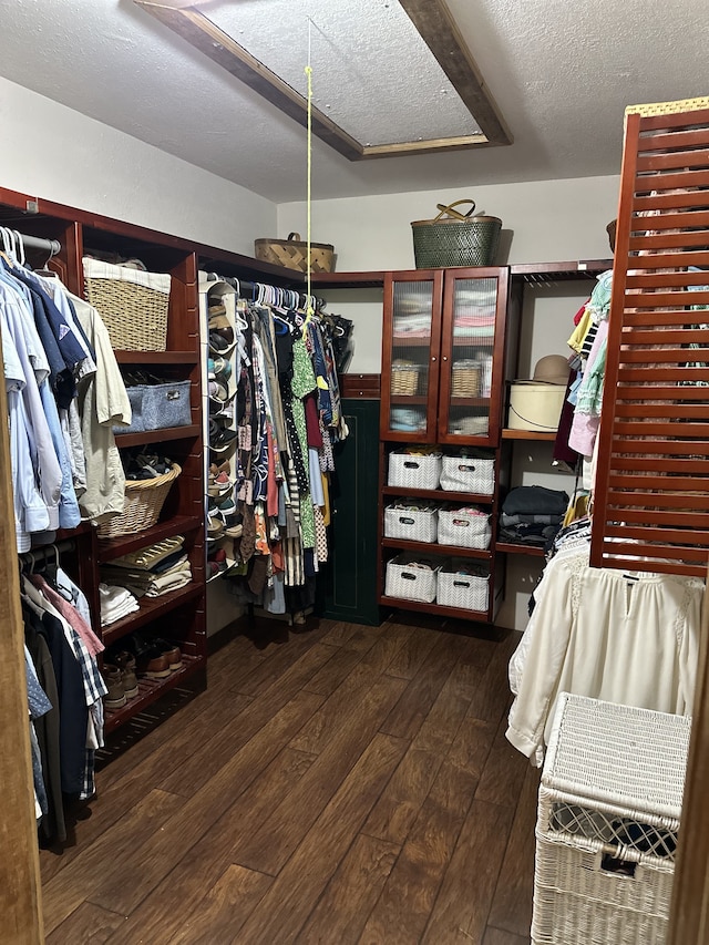 spacious closet with dark hardwood / wood-style flooring