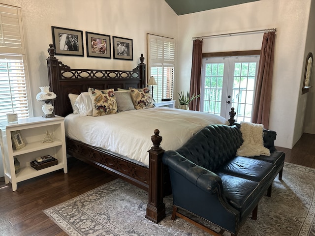 bedroom with access to outside, french doors, and dark hardwood / wood-style flooring