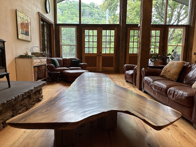 living room featuring french doors, light hardwood / wood-style floors, and a wealth of natural light