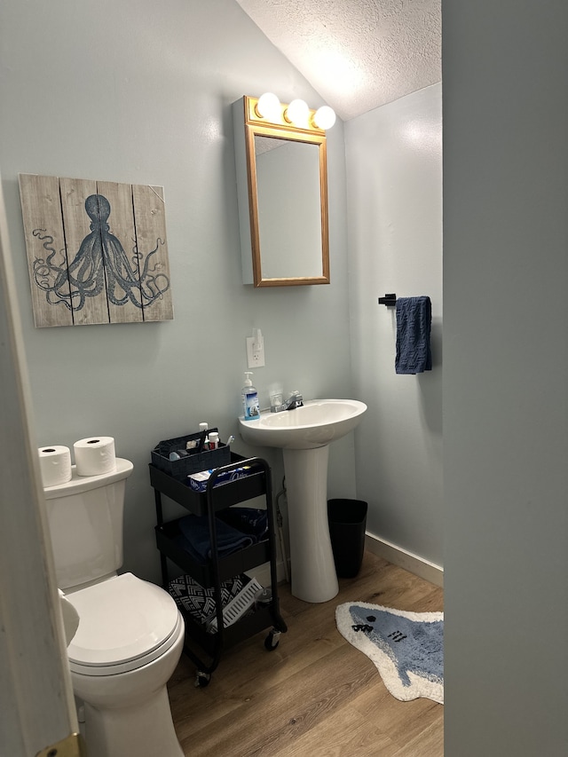 bathroom with lofted ceiling, a textured ceiling, wood-type flooring, toilet, and sink