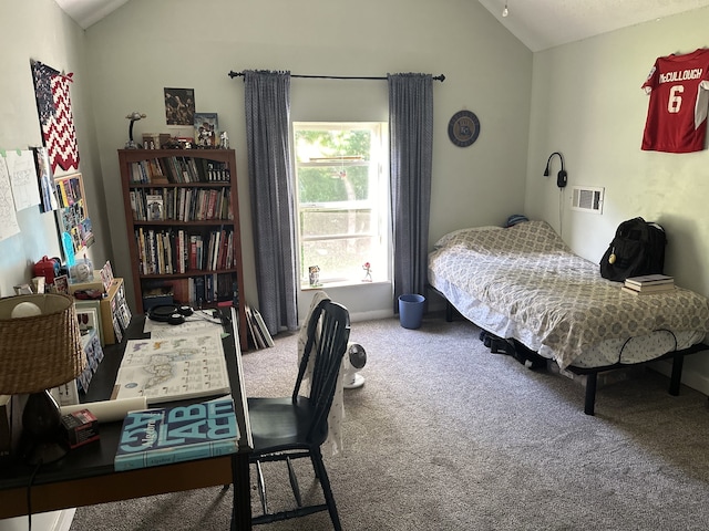 bedroom featuring vaulted ceiling and carpet flooring