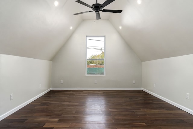 bonus room with lofted ceiling, dark wood-type flooring, and ceiling fan