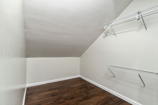 spacious closet with lofted ceiling and dark hardwood / wood-style floors