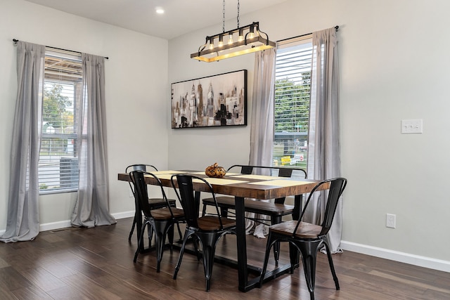 dining space with plenty of natural light and dark hardwood / wood-style floors