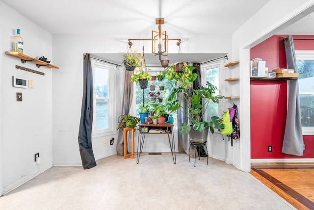 interior space with carpet, a chandelier, and a healthy amount of sunlight