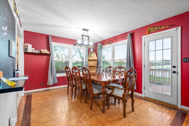 dining area featuring hardwood / wood-style floors, a healthy amount of sunlight, and a textured ceiling