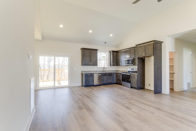 kitchen featuring ceiling fan, light hardwood / wood-style flooring, appliances with stainless steel finishes, high vaulted ceiling, and dark brown cabinets