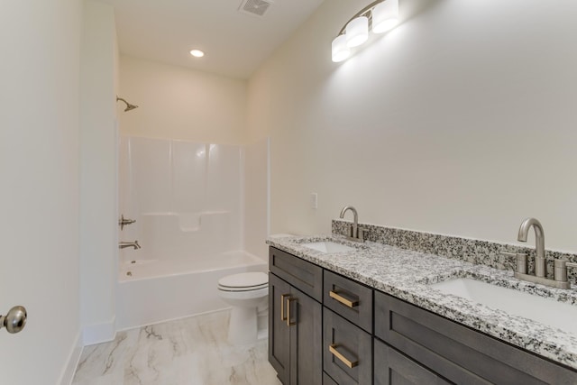 full bathroom featuring shower / washtub combination, toilet, and vanity