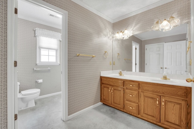 bathroom with toilet, vanity, a textured ceiling, and crown molding