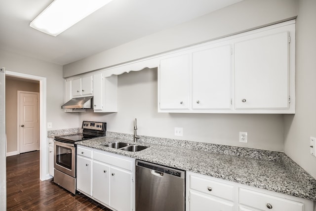 kitchen with appliances with stainless steel finishes, sink, exhaust hood, white cabinets, and dark hardwood / wood-style floors