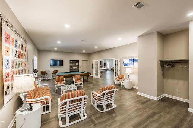 recreation room featuring french doors, dark wood-type flooring, and pool table