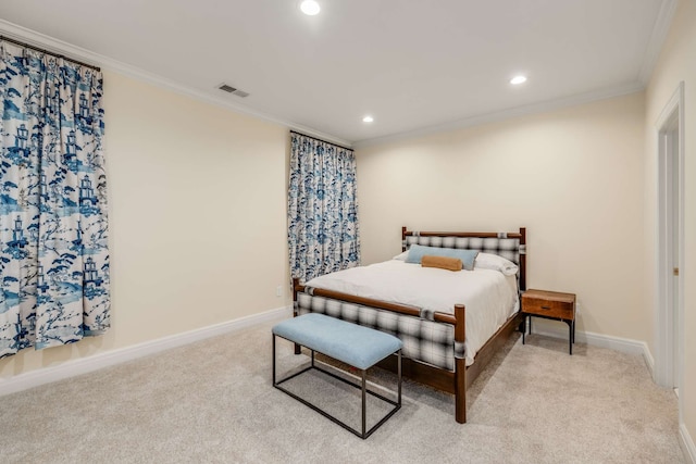 carpeted bedroom with crown molding