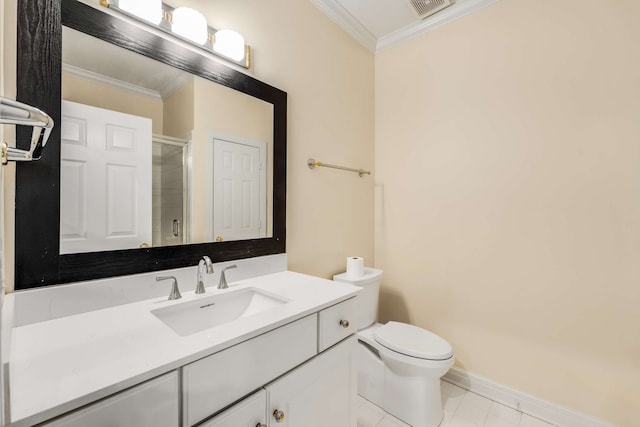 bathroom with walk in shower, vanity, toilet, and crown molding