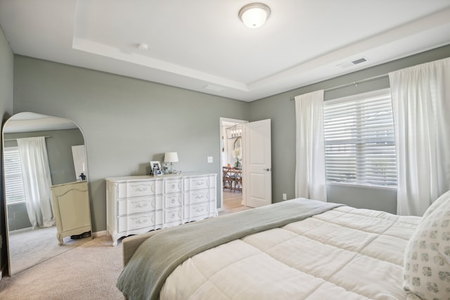 carpeted bedroom featuring a raised ceiling