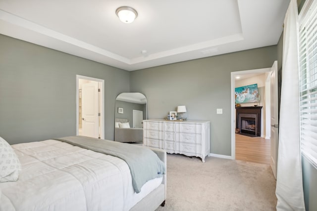 bedroom with light carpet and a raised ceiling