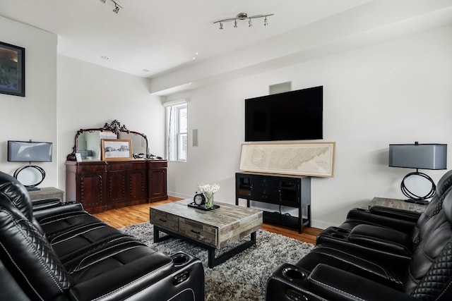 living room with rail lighting and hardwood / wood-style flooring