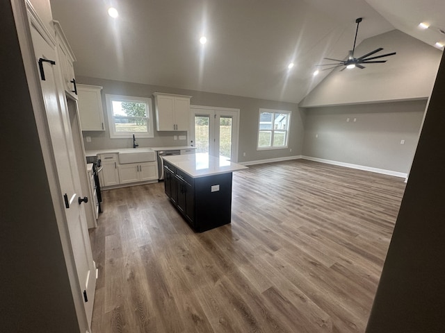 kitchen with appliances with stainless steel finishes, a barn door, hardwood / wood-style floors, white cabinets, and a center island