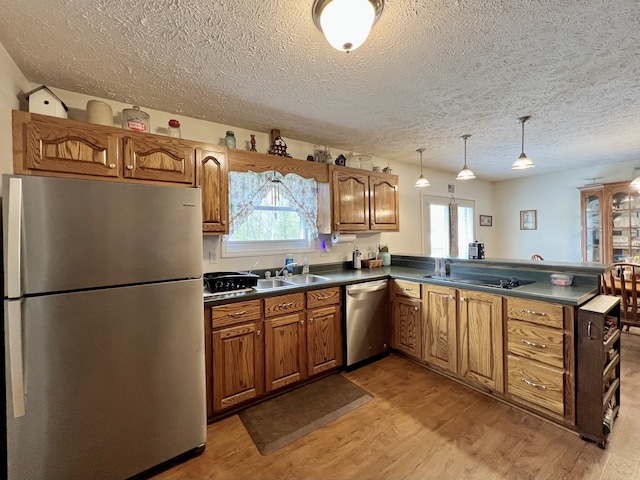 kitchen featuring hanging light fixtures, light hardwood / wood-style flooring, appliances with stainless steel finishes, plenty of natural light, and kitchen peninsula