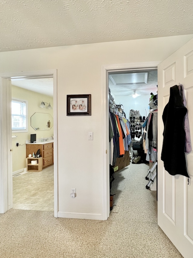 hall with carpet floors and a textured ceiling