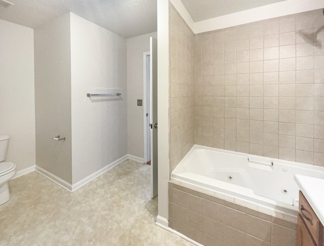 full bathroom featuring vanity, a textured ceiling, toilet, and plus walk in shower