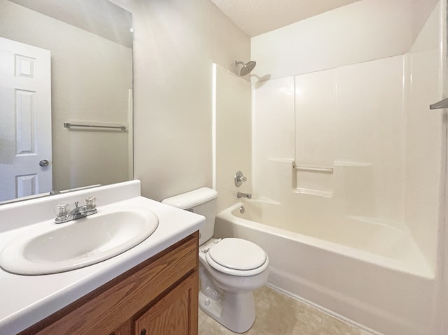 full bathroom with shower / bathing tub combination, vanity, tile patterned floors, and toilet