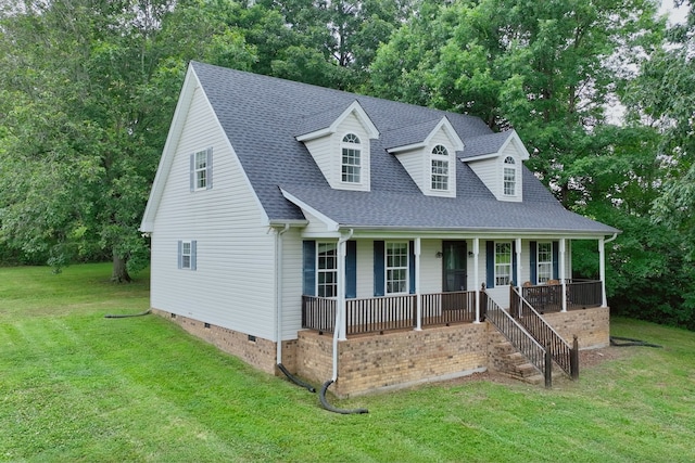 cape cod home with a porch and a front yard