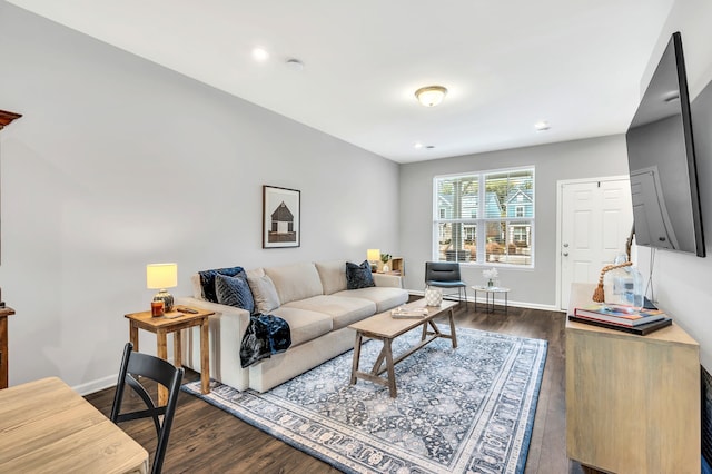 living room featuring dark wood-type flooring