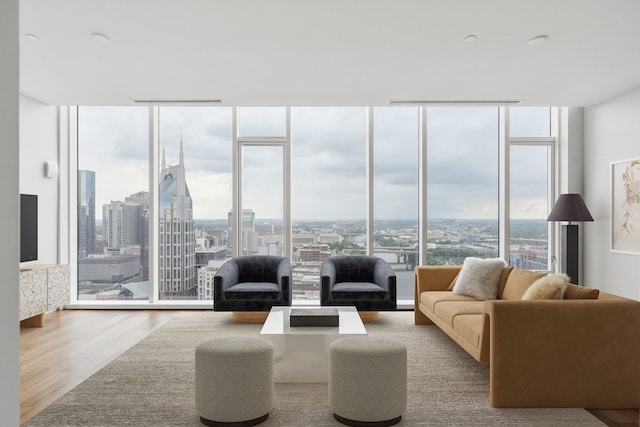 living room with hardwood / wood-style floors, plenty of natural light, and expansive windows